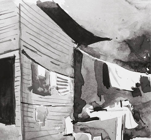 Watercolor painting of Indian slum. Hand painted illustration of urban landscape. Indian watercolor painting made with paints and brush. Indian watercolor of urban cityscape.