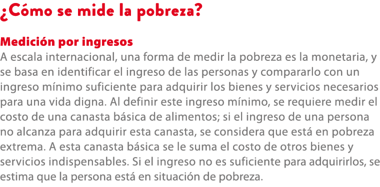 ¿C mo se mide la pobreza? Medici n por ingresos A escala internacional, una forma de medir la pobreza es la monetaria...
