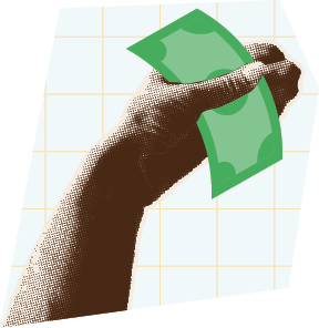 Hands holding money in retro collage style with dotted zine halftone effect. Business concept. Different money in a hand - banknote, crypto, credit card, phone. Vector illustration