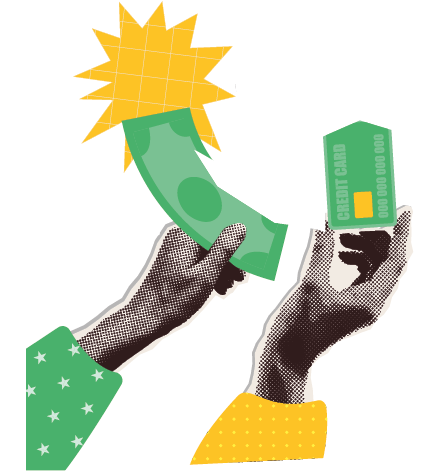 Set of hands holding money elements for y2k collages. Halftone Retro piggy bank, coins, plastic card isolated on white background. Vector illustration