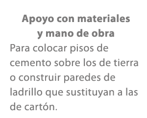 Apoyo con materiales y mano de obra Para colocar pisos de cemento sobre los de tierra o construir paredes de ladrillo...