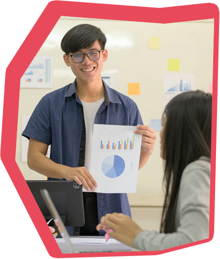 Groups of young men and women prepare information for presentations, young people share their opinions for new projects.
