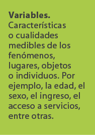 Variables. Caracter sticas o cualidades medibles de los fen menos, lugares, objetos o individuos. Por ejemplo, la eda...