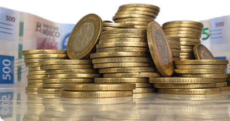 Mexican money, Pile of coins and bill notes