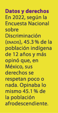 Datos y derechos En 2022, seg n la Encuesta Nacional sobre Discriminaci n (enadis), 45.3 % de la poblaci n ind gena d...