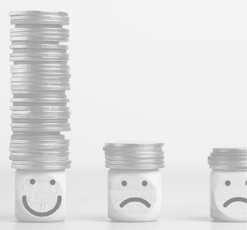 Coin stacking on smiley face and sad face for good financial planing can make happiness in life, Money saving and investment concept.