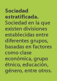 Sociedad estratificada. Sociedad en la que existen divisiones establecidas entre diferentes grupos, basadas en factor...