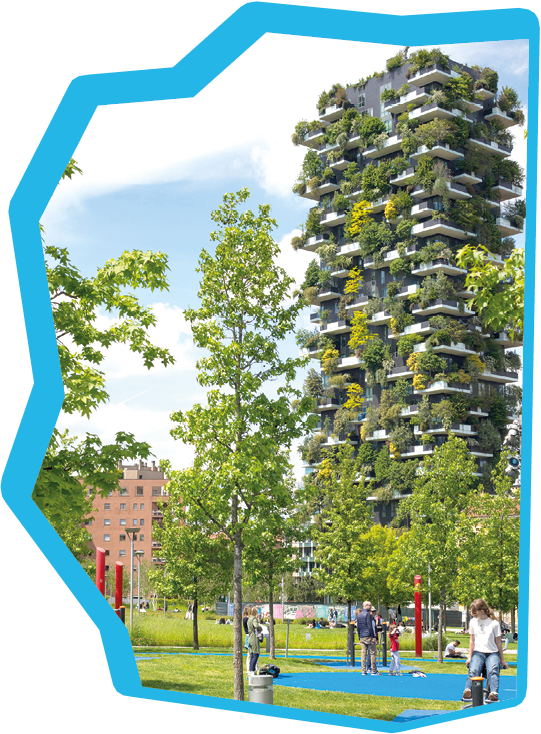 Milan, Lombardy, Italy - MAY, 5, 2024: the Bosco Verticale skyscrapers, a modern example of vertical forest and sustainable architecture, seen fron the nearby Biblioteca degli Alberi Park.