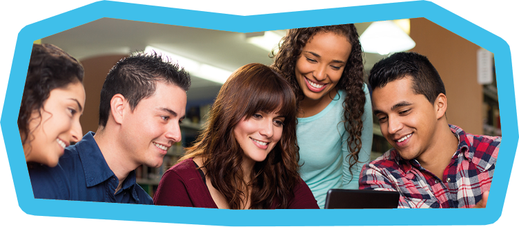 A group of students studying thru a tablet.