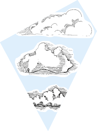 Set of clouds in hand drawn vintage retro style isolated on white background. Cartoon design elements. Vector illustration.