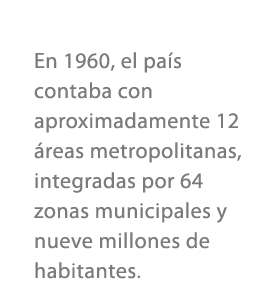 En 1960, el pa s contaba con aproximadamente 12 reas metropolitanas, integradas por 64 zonas municipales y nueve mil...