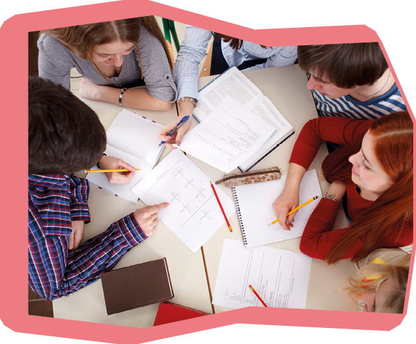 A cheerful group of university students are 