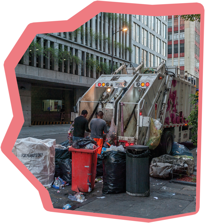 Mexico - October 19, 2017: Mexico Morning Cityscape with Garbage Truck and People