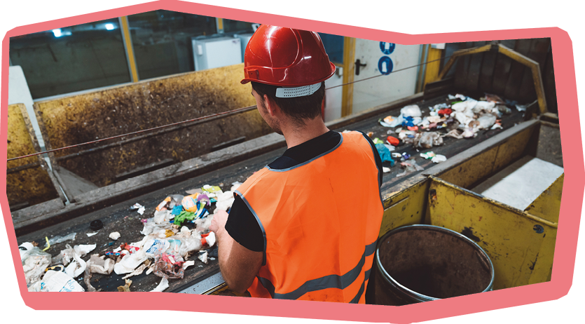 Working on conveyor belt with trash