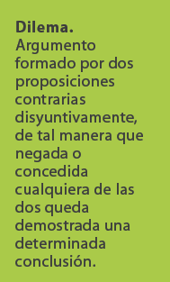 Dilema. Argumento formado por dos proposiciones contrarias disyuntivamente, de tal manera que negada o concedida cual...
