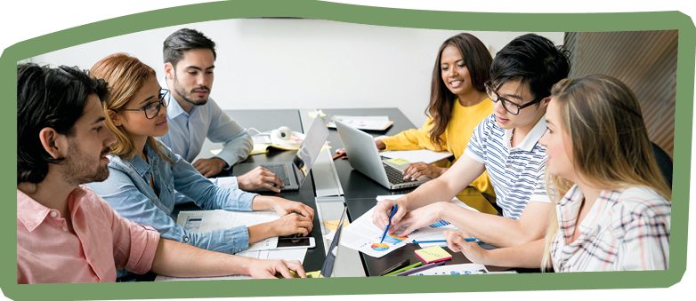 Multi-ethnic group of people in a business meeting at the office using their laptops and sharing ideas. **DESIGN ON SCREEN WAS MADE FROM SCRATCH BY US**