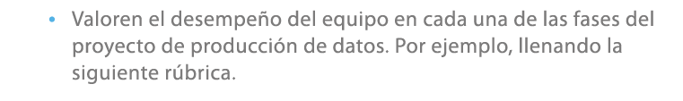 • Valoren el desempe o del equipo en cada una de las fases del proyecto de producci n de datos. Por ejemplo, llenando...