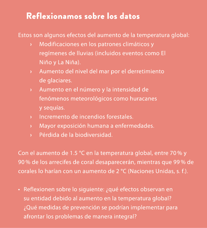 Reflexionamos sobre los datos Estos son algunos efectos del aumento de la temperatura global: › Modificaciones en los...