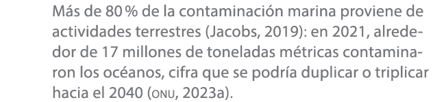 M s de 80 % de la contaminaci n marina proviene de actividades terrestres (Jacobs, 2019): en 2021, alrededor de 17 mi...