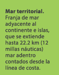 Mar territorial. Franja de mar adyacente al continente e islas, que se extiende hasta 22.2 km (12 millas n uticas) ma...