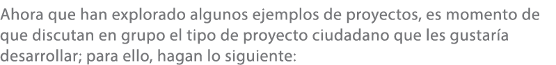 Ahora que han explorado algunos ejemplos de proyectos, es momento de que discutan en grupo el tipo de proyecto ciudad...