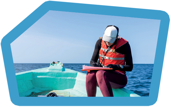 Marine biologist writing down data sitting on top of a boat in the middle of the sea