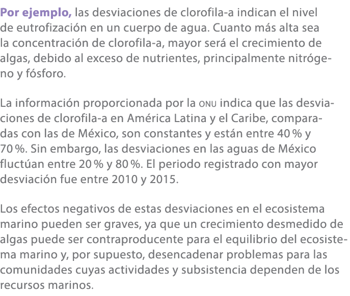 Por ejemplo, las desviaciones de clorofila a indican el nivel de eutrofizaci n en un cuerpo de agua. Cuanto m s alta ...
