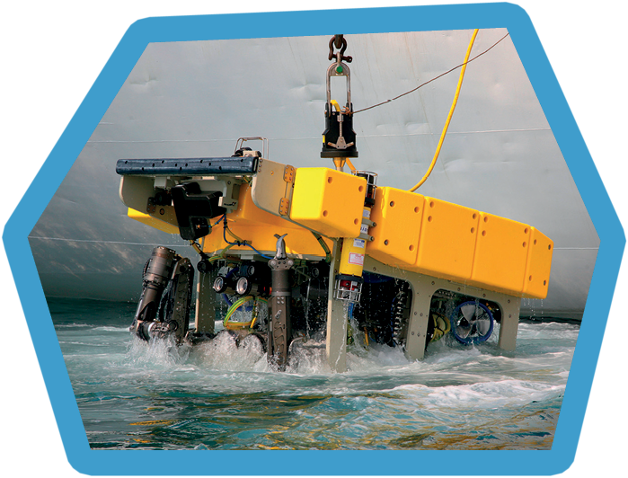 Scientific deep-sea expedition on board of Research Vessel with remotely operated underwater vehicle (ROV)