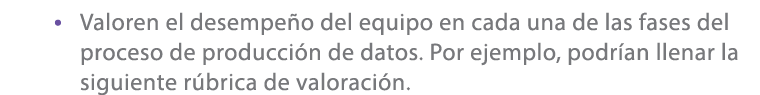 • Valoren el desempe o del equipo en cada una de las fases del proceso de producci n de datos. Por ejemplo, podr an l...
