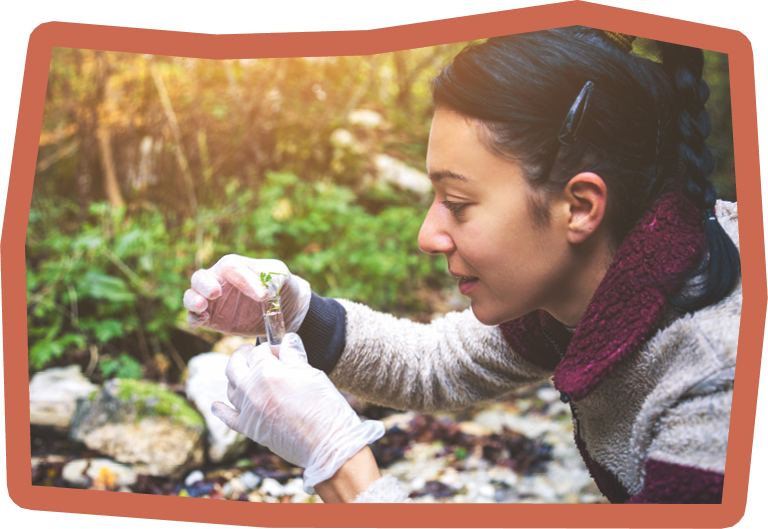Young ecologist woman examines plants and water in the forest.