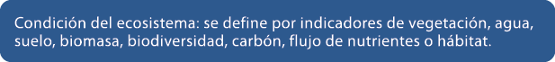 Condici n del ecosistema: se define por indicadores de vegetaci n, agua, suelo, biomasa, biodiversidad, carb n, flujo...