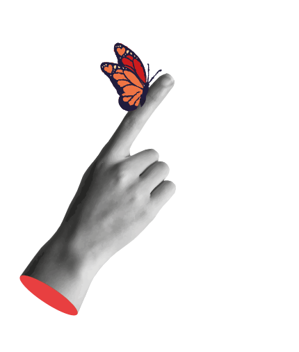 Monarch butterfly on a woman's hand in retro collage mixed media vector illustration. Butterflies hand drawn on pink color background. Ideal for spring season, hope freedom and peace symbol concept.