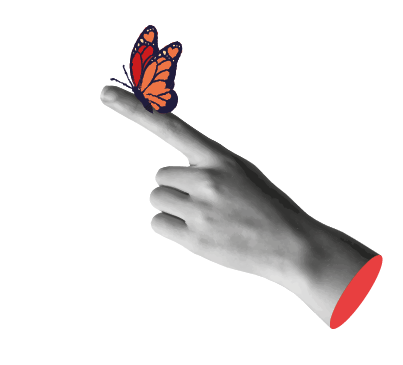 Monarch butterfly on a woman's hand in retro collage mixed media vector illustration. Butterflies hand drawn on pink color background. Ideal for spring season, hope freedom and peace symbol concept.