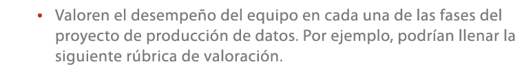 • Valoren el desempe o del equipo en cada una de las fases del proyecto de producci n de datos. Por ejemplo, podr an ...