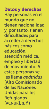 Datos y derechos Hay personas en el mundo que no tienen nacionalidad y, por tanto, tienen dificultades para acceder a...