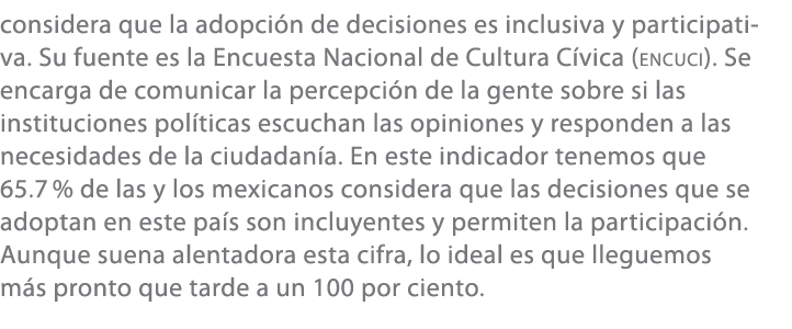 considera que la adopci n de decisiones es inclusiva y participativa. Su fuente es la Encuesta Nacional de Cultura C ...