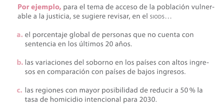 Por ejemplo, para el tema de acceso de la poblaci n vulnerable a la justicia, se sugiere revisar, en el SIODS… a. el ...
