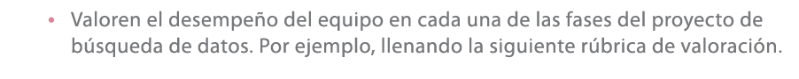 • Valoren el desempe o del equipo en cada una de las fases del proyecto de b squeda de datos. Por ejemplo, llenando l...