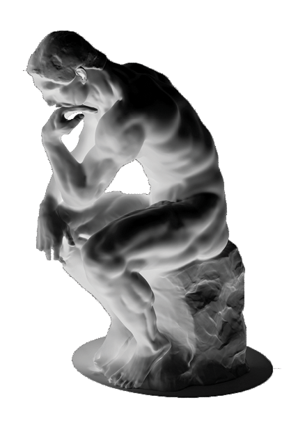 Sculpture Thinker Pondering The Chess Game On Brown Background. 3D Illustration.