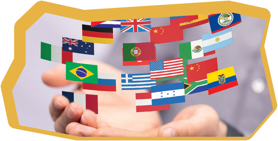 A 3d rendering of country flags hovering over human palms - international communication and cooperation concept