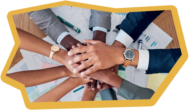 Support, community and documents with hands of business people in meeting for strategy, planning and teamwork. Diversity, growth and marketing with employee in workshop for mission, goals and b2b