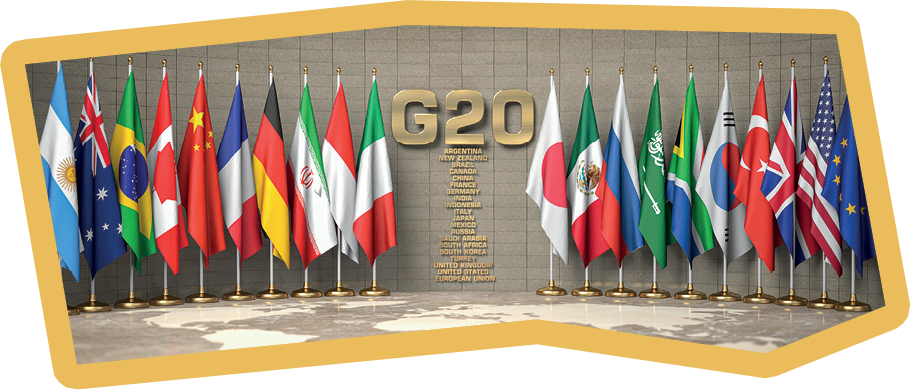 G20 summit or meeting concept. Row from flags of members of G20 Group of Twenty and list of countries in a conference room. 3d illustration