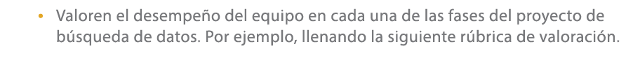 • Valoren el desempe o del equipo en cada una de las fases del proyecto de b squeda de datos. Por ejemplo, llenando l...