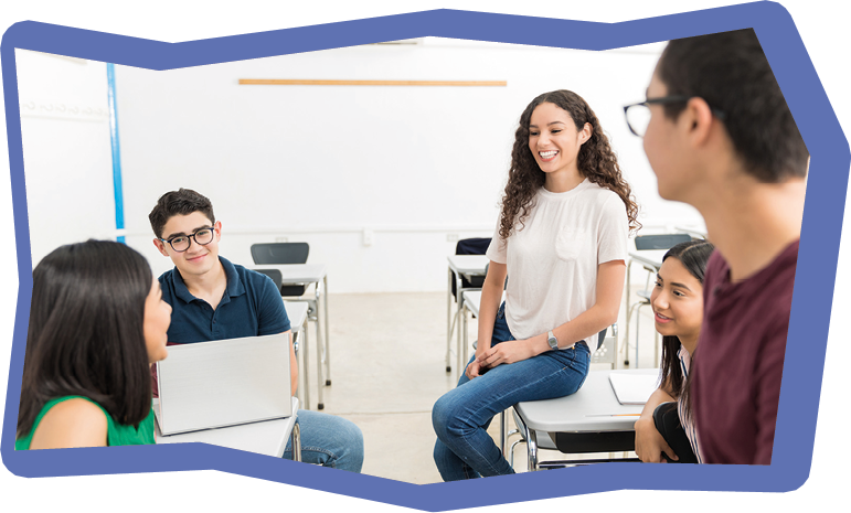 High school students preparing project together in college