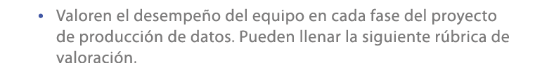 • Valoren el desempe o del equipo en cada fase del proyecto de producci n de datos. Pueden llenar la siguiente r bric...