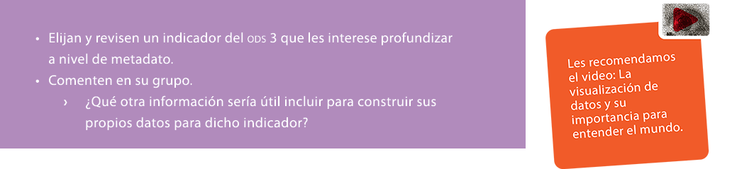 • Elijan y revisen un indicador del ods 3 que les interese profundizar a nivel de metadato. • Comenten en su grupo. ›...