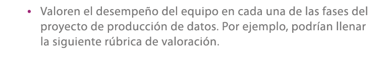 • Valoren el desempe o del equipo en cada una de las fases del proyecto de producci n de datos. Por ejemplo, podr an ...