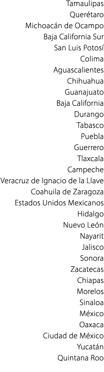 Tamaulipas Quer taro Michoac n de Ocampo Baja California Sur San Luis Potos Colima Aguascalientes Chihuahua Guanajua...