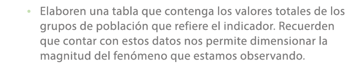 • Elaboren una tabla que contenga los valores totales de los grupos de poblaci n que refiere el indicador. Recuerden ...