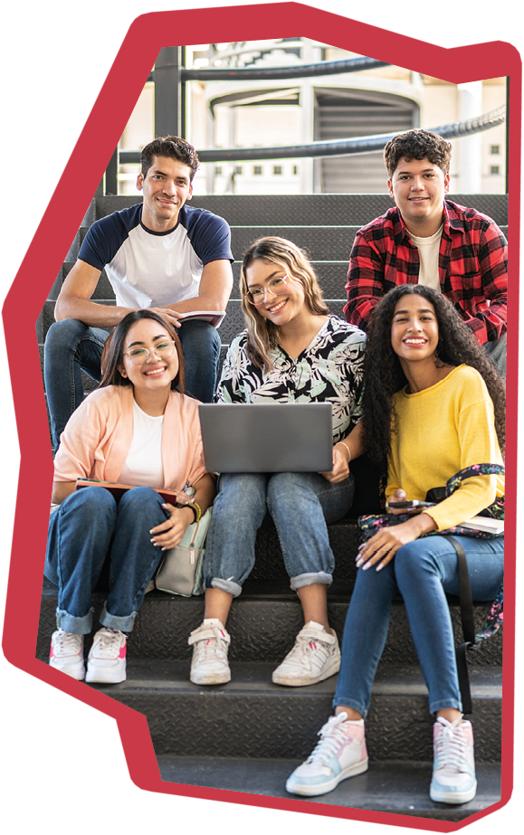 Portrait of young friends together on university stairs